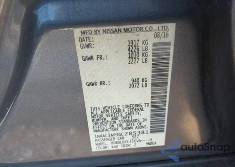 2016 Nissan Altima 2.5/S/Sv/Sl/Sr из США, поврежденный, VIN 1N4AL3AP3GC285381